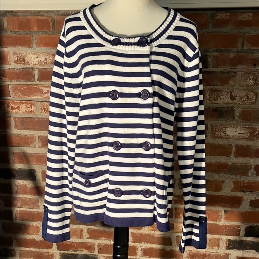 Completely Me by Liz Lange navy and white double breasted striped sweater